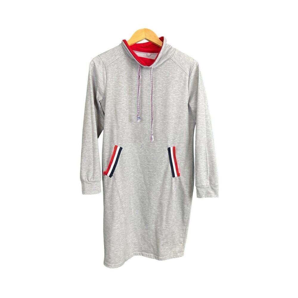 Sweatshirt Dress Gray and Red Women Size Medium Shrug Neck Drawstring Cotton
